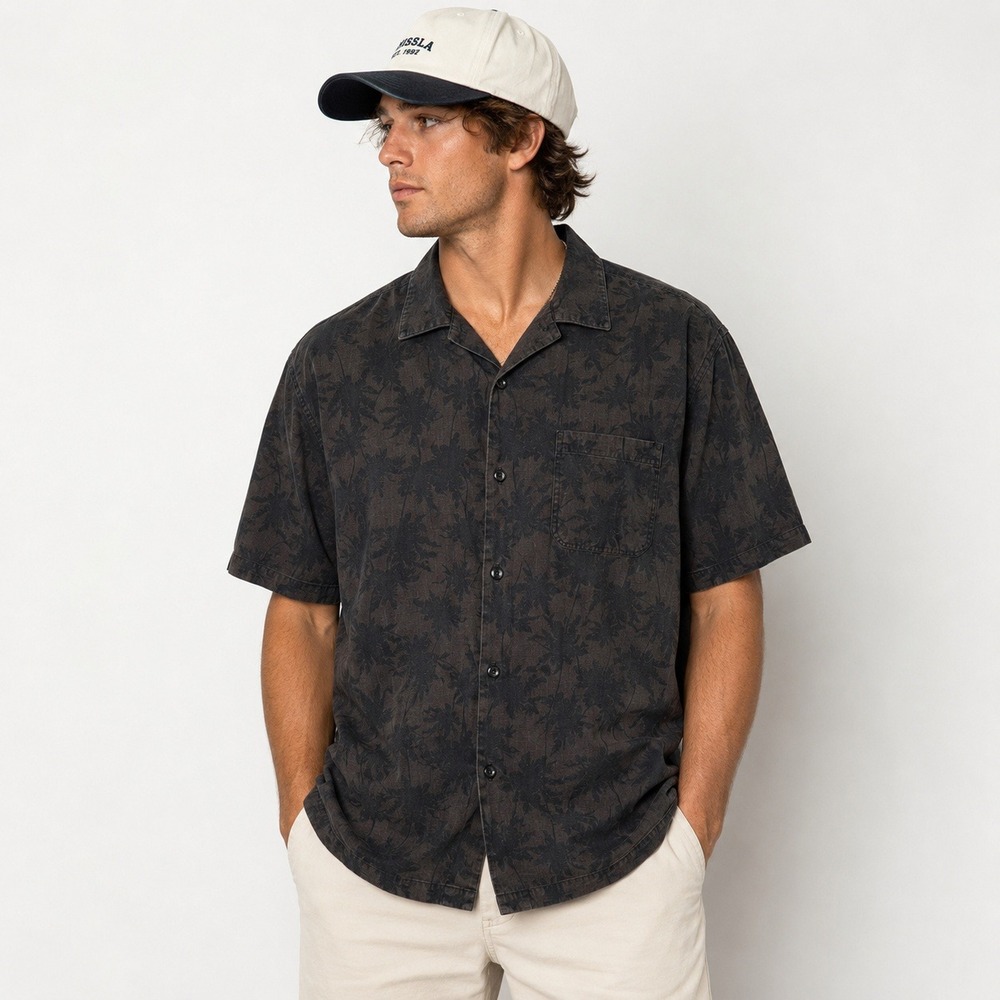 Nat Nast Mens XXL Silk Cotton Palm Tree Camp Shirt Charcoal Grey Short Sleeve